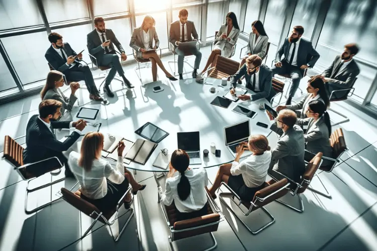Ilustração de uma reunião de trabalho para alinhar os processos de comunicação da empresa.